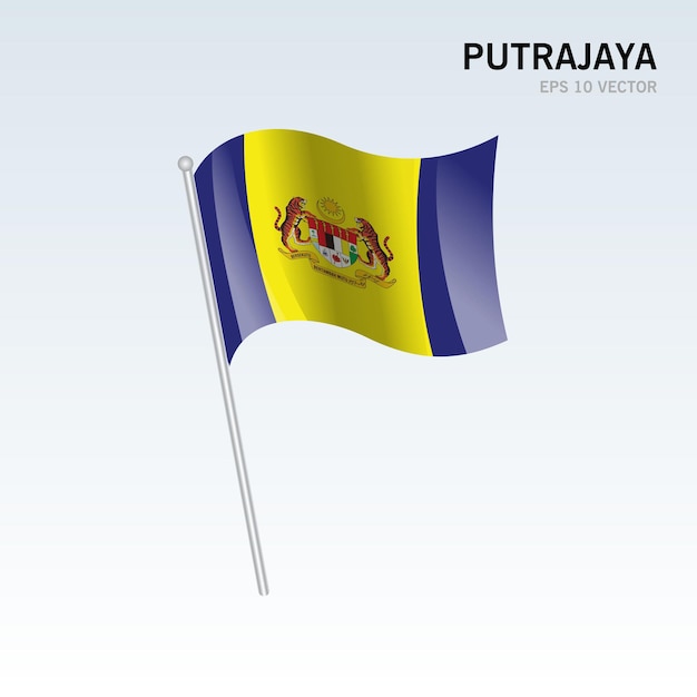 Waving flag of Putrajaya state and federal territory of Malaysia isolated on gray background