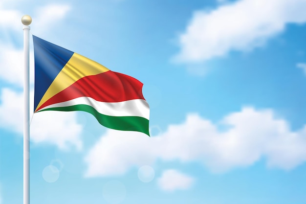 Vettore sventolando la bandiera delle seychelles sullo sfondo del cielo modello per il design del poster del giorno dell'indipendenza