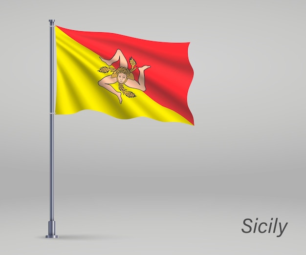 Vector waving flag of sicily region of italy on flagpole template for independence day poster design