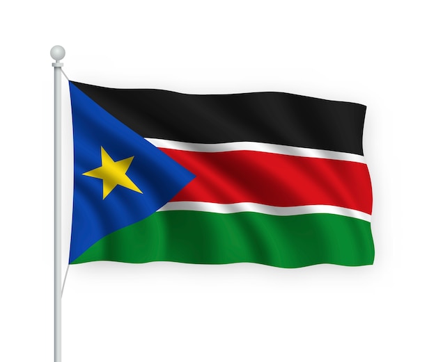 Развевающийся флаг южного судана на флагштоке изолированного на белом