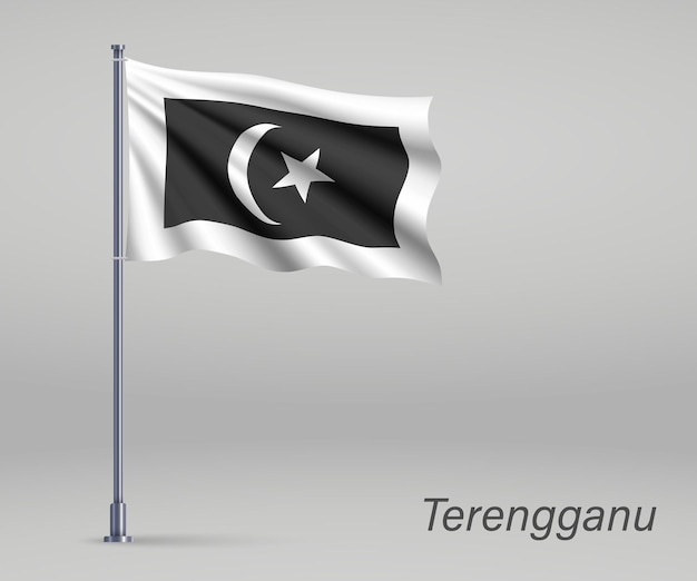 Waving flag of Terengganu state of Malaysia on flagpole Templ