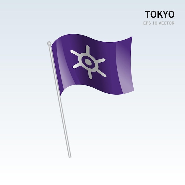 회색 배경에 고립 된 일본 도쿄 현의 깃발을 흔들며
