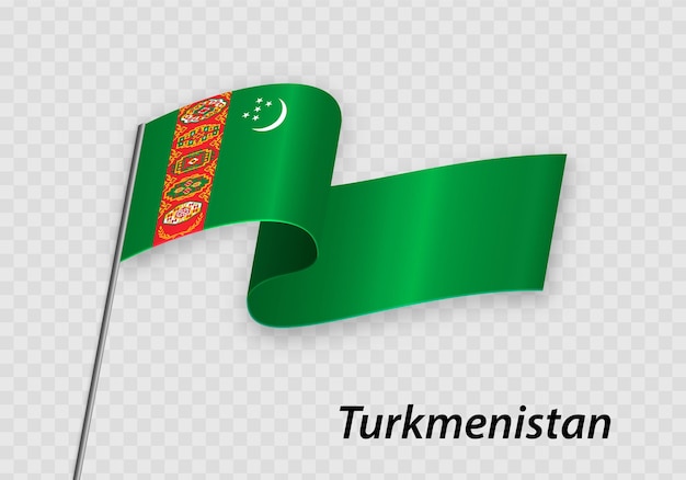 Sventolando la bandiera del turkmenistan sull'asta della bandiera modello per il giorno dell'indipendenza