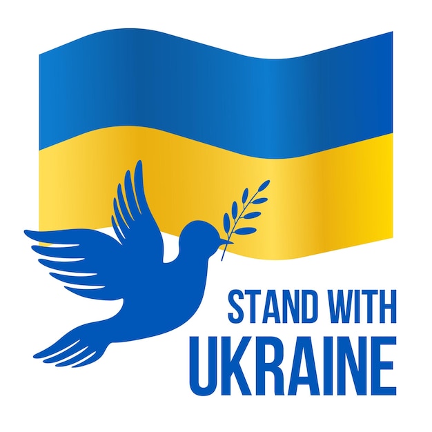 Waving flag Ukraine Stand with Ukraine Flying peace dove logo symbol Blue dove on Ukraine flag Ukraine and Russia military conflict Vector illustration