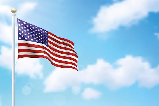 Vector waving flag of united states on sky background template for independence day poster design