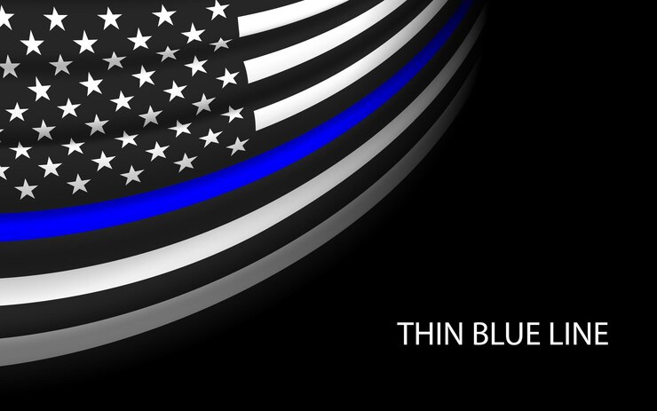 Waving flag of United States with Thin blue line on dark background