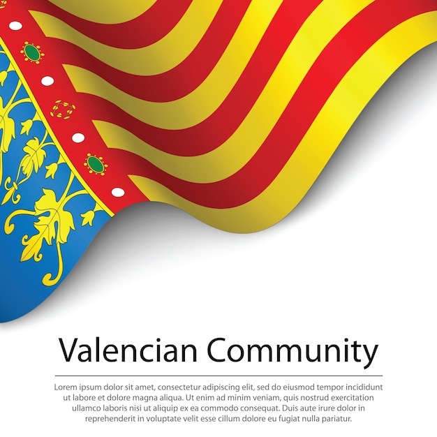 Waving flag of Valencian Community is a region of Spain on white