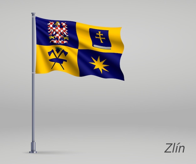 Vector waving flag of zlin region of czech republic on flagpole template for independence day poster design