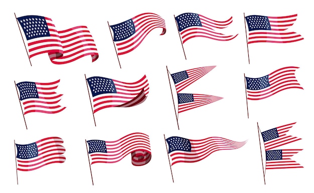 Waving flags. set of american flags on white background. national flags waving symbols.