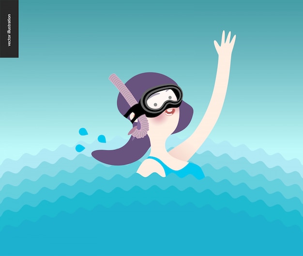 Vector waving girl wearing diving mask in the water