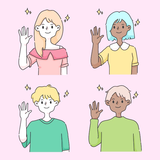 Waving hand greeting cute people illustration