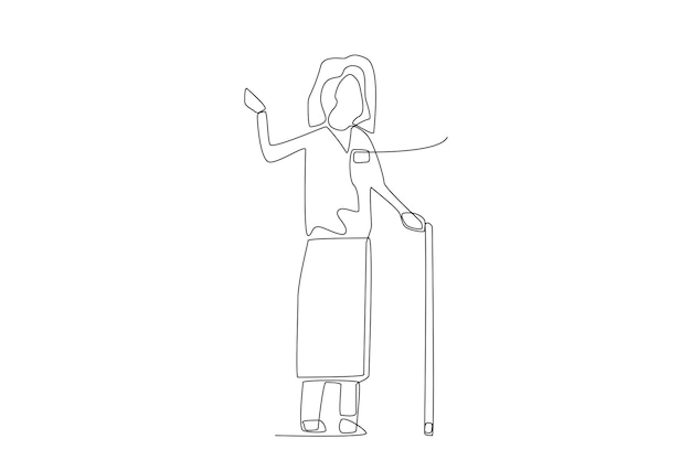 A waving old lady with a standing stick as veterans day line art