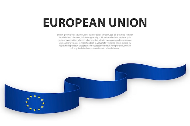 Sventolando il nastro o lo striscione con la bandiera dell'unione europea modello per il design del poster del giorno dell'indipendenza