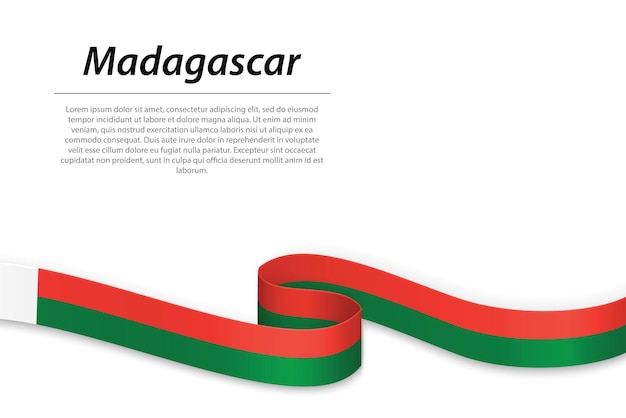 Sventolando il nastro o lo striscione con la bandiera del madagascar modello per il design del poster del giorno dell'indipendenza