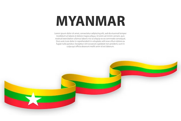 Sventolando il nastro o lo striscione con la bandiera del myanmar modello per il design del poster del giorno dell'indipendenza