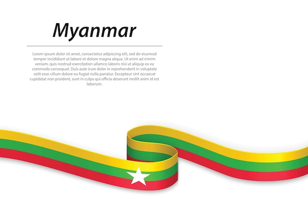 Sventolando il nastro o lo striscione con la bandiera del myanmar modello per il design del poster del giorno dell'indipendenza