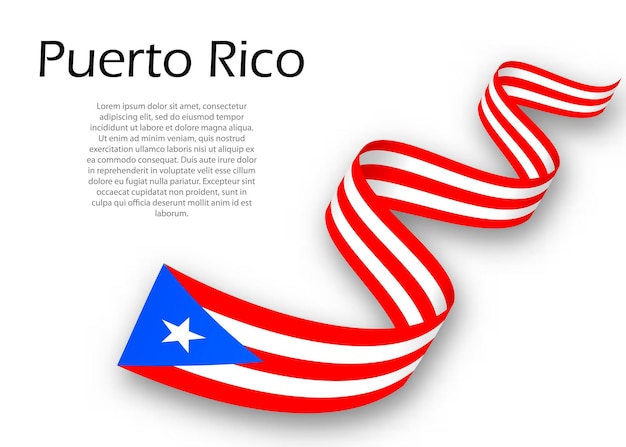 プエルトリコの旗とリボンやバナーを振っています。独立記念日のポスターデザインのテンプレート