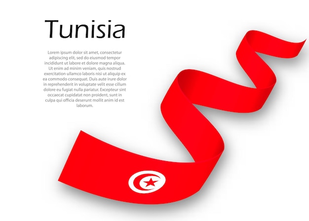 Sventolando il nastro o un banner con la bandiera della tunisia. modello per il design del poster del giorno dell'indipendenza Vettore Premium