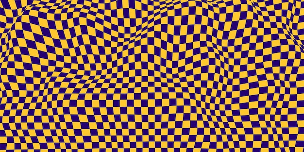 Wavy chess board Yellowblue chessboard concept Wave distortion effect Vector illustration