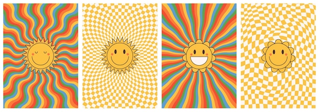 Motivo a vortice ondulato con sorrisi felici dei cartoni animati buone vibrazioni arcobaleno