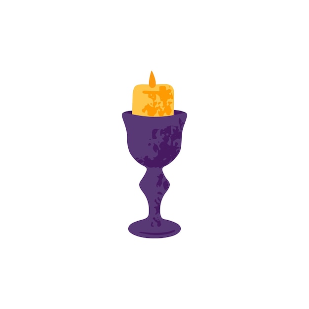 Wax candle in candlestick halloween candlelight with glowing light flame in holder helloween decor candelabra flat vector illustration isolated on white background