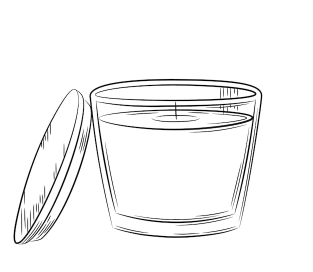 Wax candle in glass holder with wooden lid. Sketch in doodle style. Isolated vector illustration.