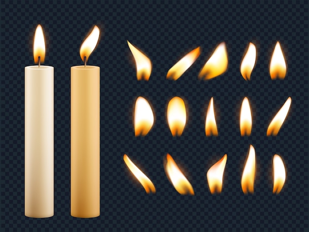 왁스 양초. 촛불 불꽃에서 낭만적 인 조명 퓨즈 현실적인 컬렉션의 다른 모양