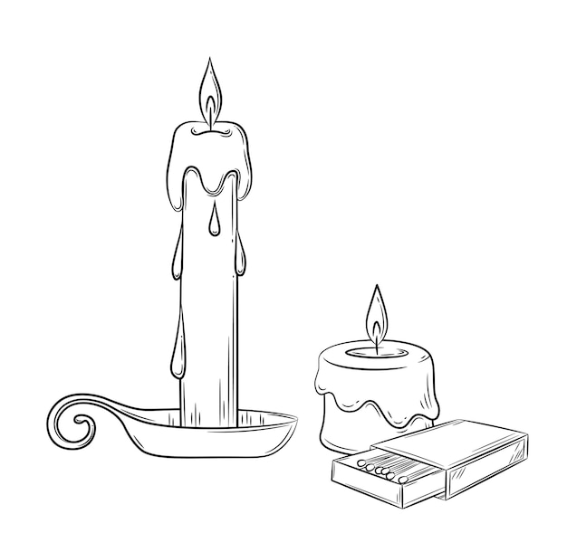 Wax candles with melting wax and matches hand drawn. Black outline drawing in doodle style.