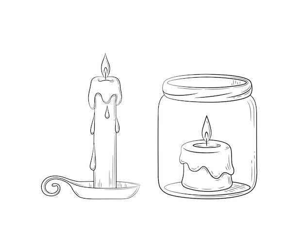 Wax candles with melting wax in a metal and glass candle holder. Black outline drawing in doodle.