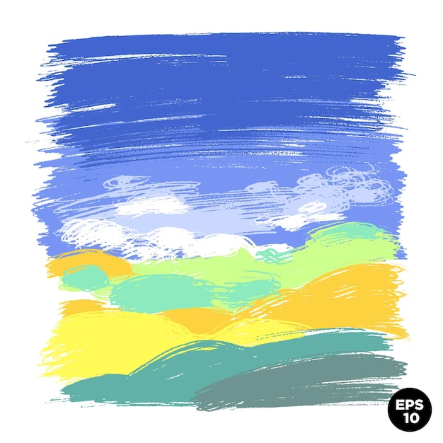 Восковой карандаш наивный рисованной травы луговые холмы с голубым небом Векторный пастельный мел фон баннер Квадратный пейзаж красочный фон