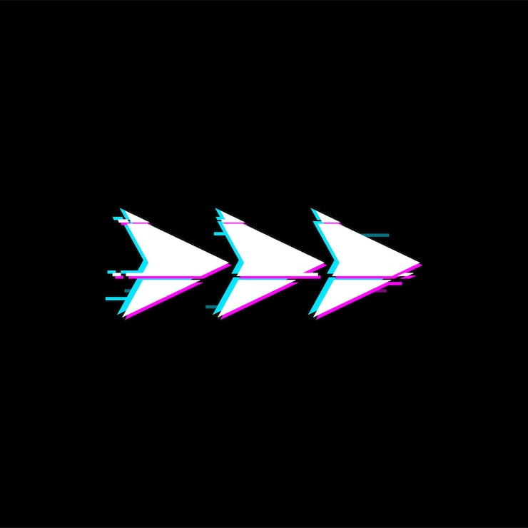 Vector way pointer arrow pointing jump forward right on malfunction distortion display with glitch effect three arrows vector pointer digital noise ui game interface panel design element navigation sign