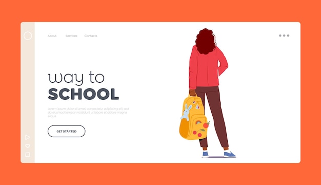 Way to School Landing Page Template Rear View Of Teenage Girl Student Standing With Backpack in Hand