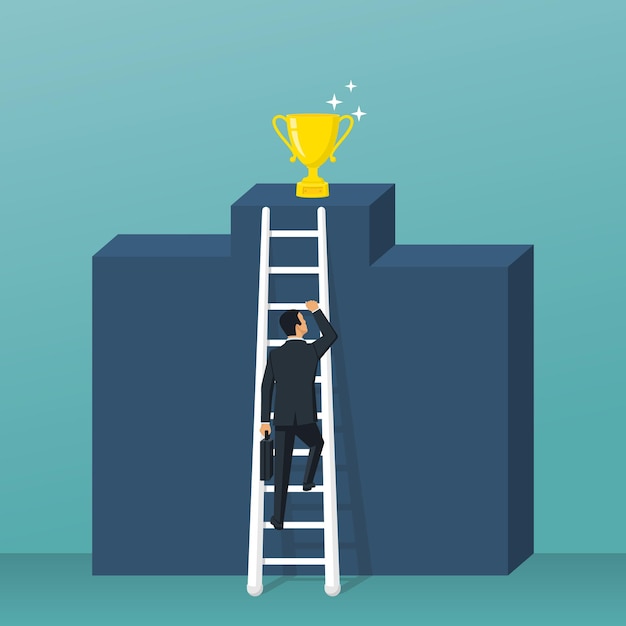 Vector way to success cup standing on pedestal businessman climbs up the stairs to victory up podium vector illustration flat design isolated on background achieving goal man in suit with briefcase