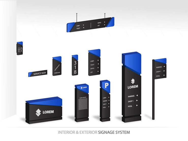 Vector wayfinding system 3d signage mockup set direction signs exterior and interior way finding design