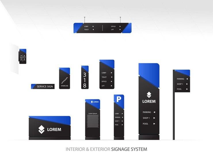 Vector wayfinding system signage mockup set direction signs exterior and interior way finding design
