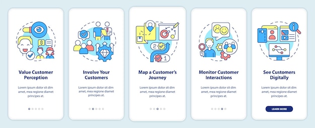 Modi per diventare un'azienda incentrata sul cliente onboarding schermo dell'app mobile procedura dettagliata 5 passaggi pagine di istruzioni grafiche con concetti lineari modello gui ui ux myriad probold font regolari utilizzati