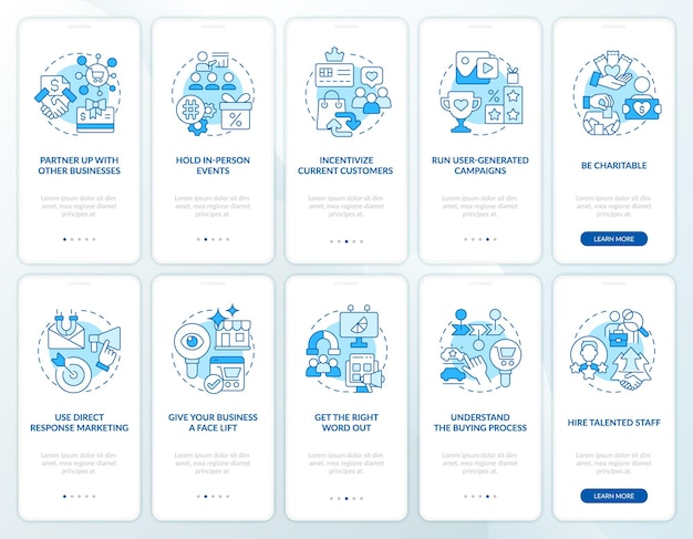 Ways of finding customers blue onboarding mobile app screen set