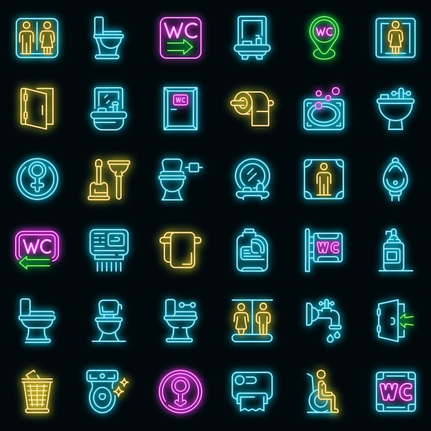 Wc icons set. outline set of wc vector icons neon color on black