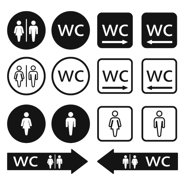 WC Toilet pictogrammen instellen. Mannen en vrouwen WC borden voor toilet. WC richting pijl symbool vectorillustratie.