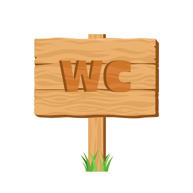 WC wooden signboard cartoon vector illustration Wooden signpost with restroom sign with grass Isolated Toilet sign illustration