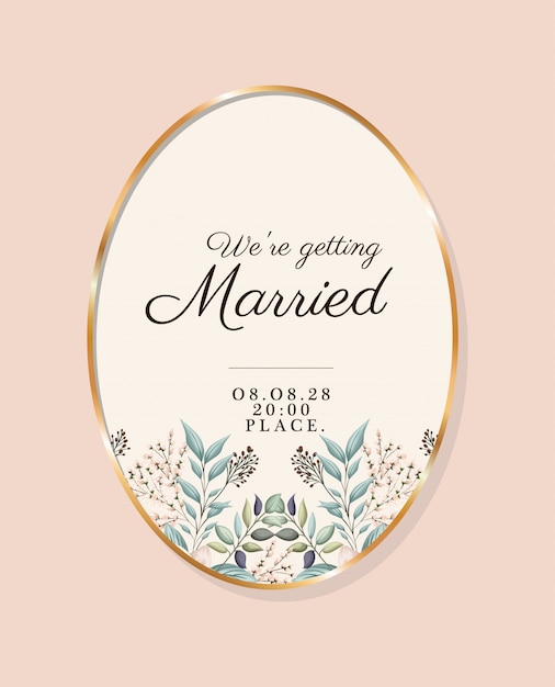 Vector we are getting married text in gold circle with leaves