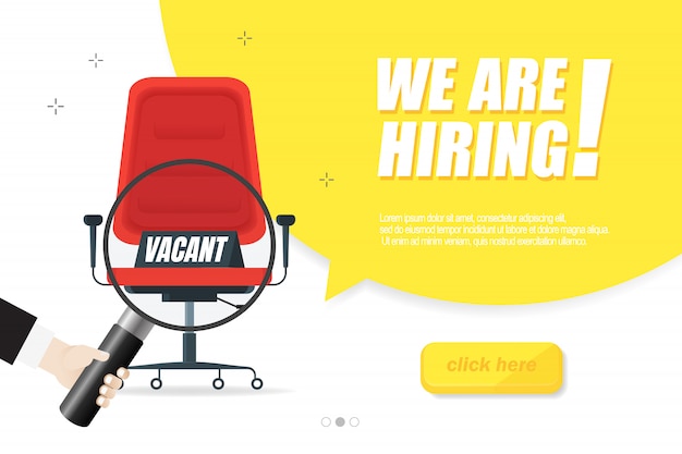 Vector we are hiring, banner concept, vacant position. empty office chair as a sign of free vacancy isolated on a white background. send us your resume. illustration.