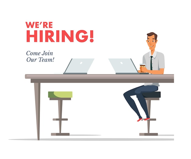 We are hiring banner template employer using laptop and drinking coffee Office worker at workplace HR manager cartoon character man on meeting