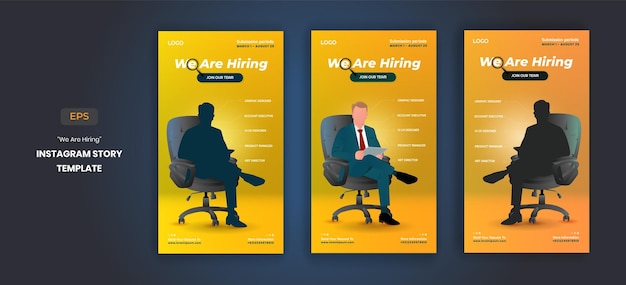 Vector we are hiring illustration instagram stories and social media stories template with silhoueette man