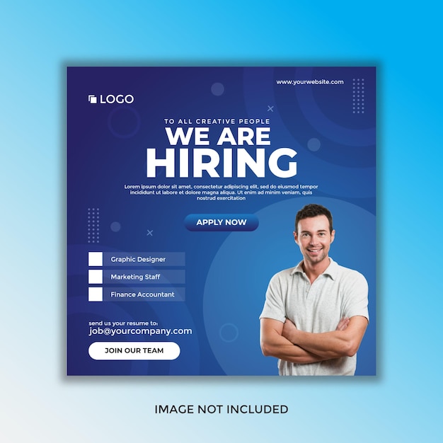 We are hiring job position promotional social media post blue design template