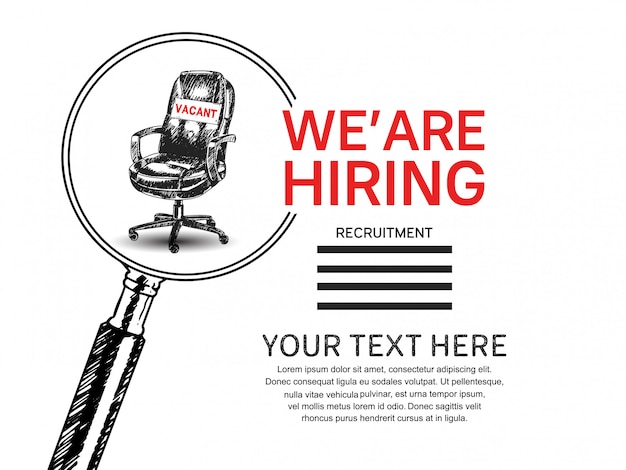 Vector we are hiring job poster with magnifying glass and chair hand drawn