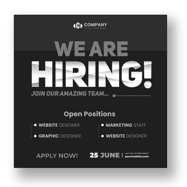 We are hiring job vacancy social media post banner design template with dark black and white color