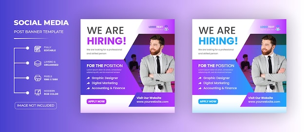 Vector we are hiring job vacancy social media post or instagram promotional social media square banner temp