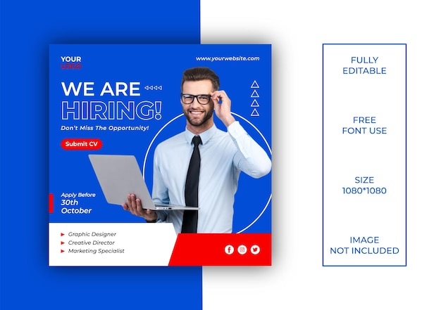 Vector we are hiring job vacancy social media post template or square web banner