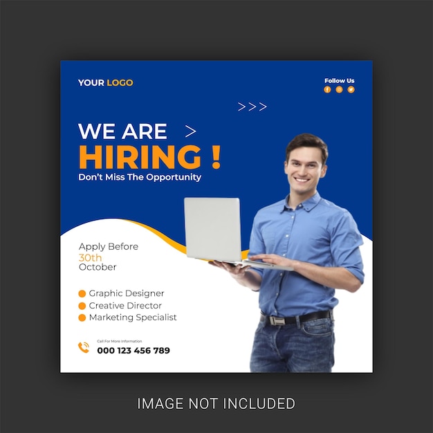 We are hiring job vacancy square banner or social media post template